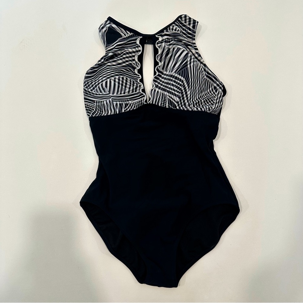Gottex Keyhole Chest Black White Abstract One Piece Bathing Suit Womens Size 10
